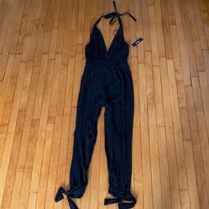 Lulu’s black halter jumpsuit tie ankle detail